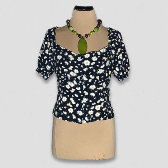 Vintage Y2K Daisy Blouse Puff Short Sleeves Floral Navy - Medium - Picture 1 of 13